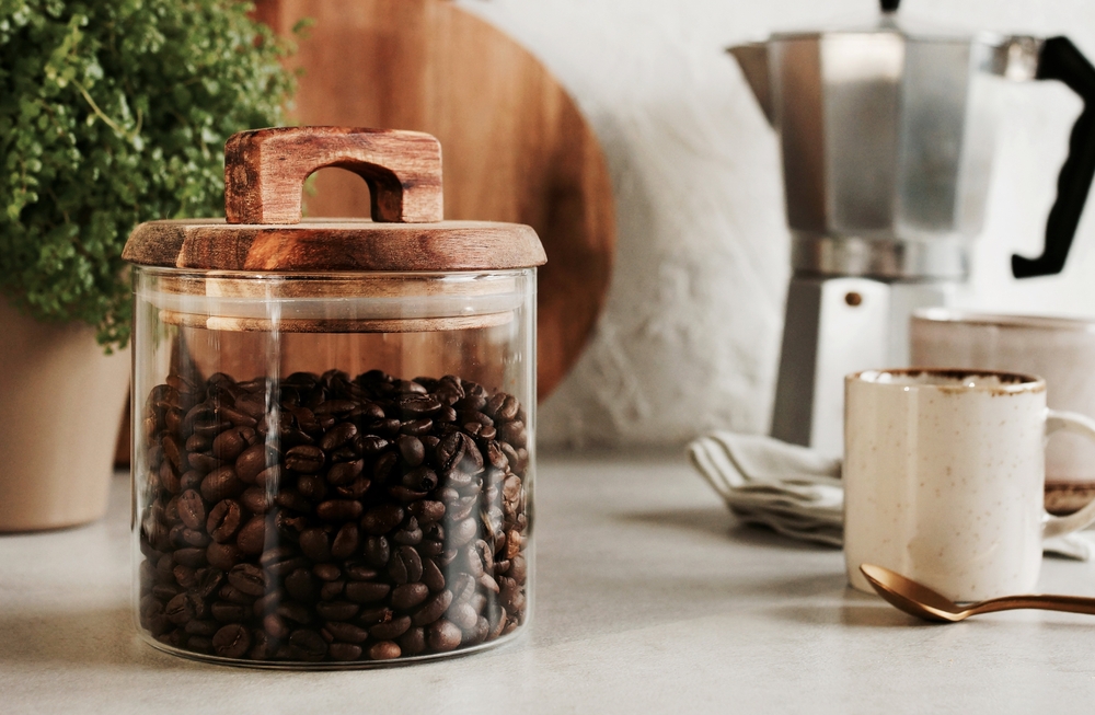 Glass jar with coffee beans,