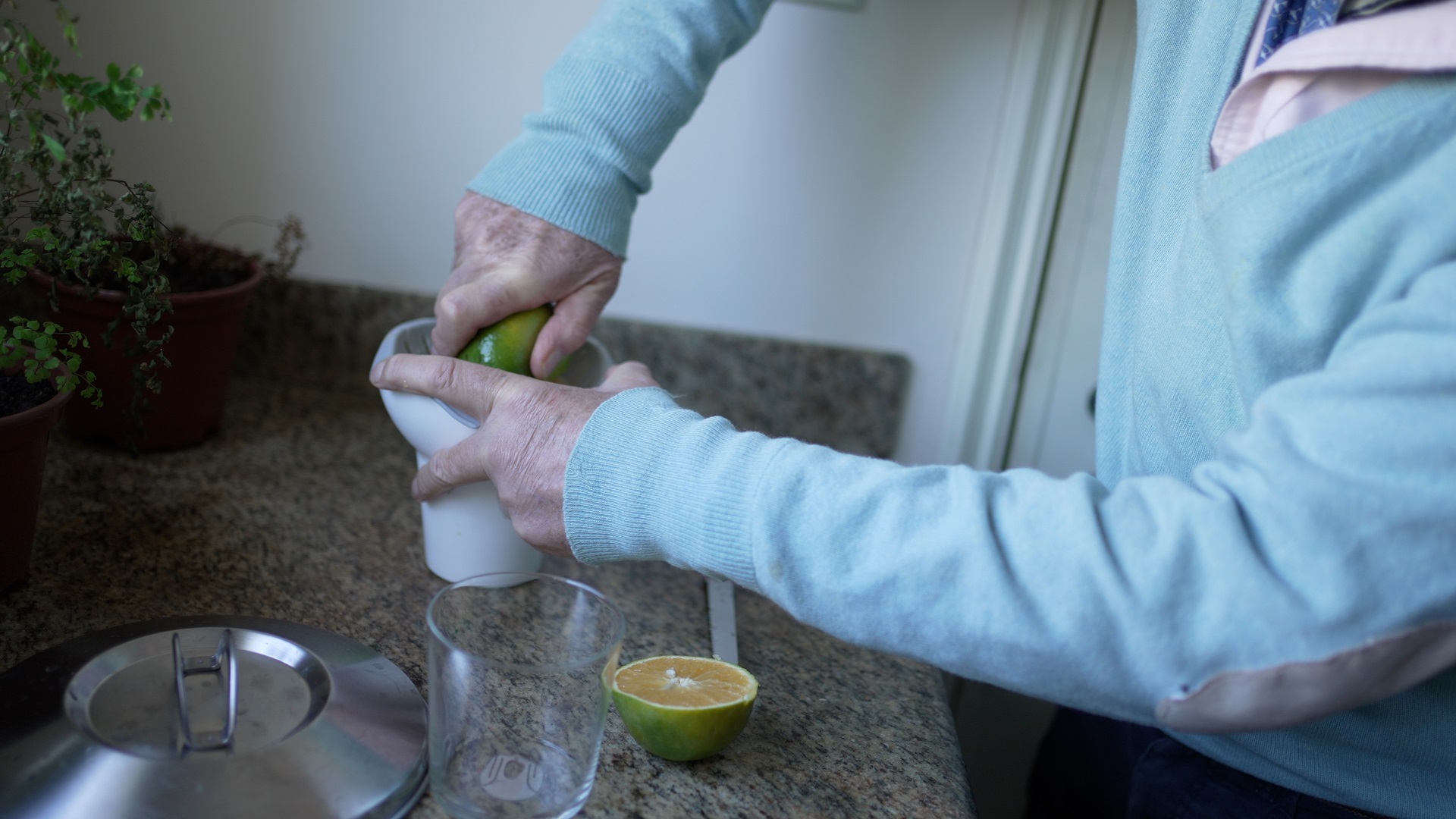 Elderly Hands Preparing Fresh Lime Juice in Kitchen