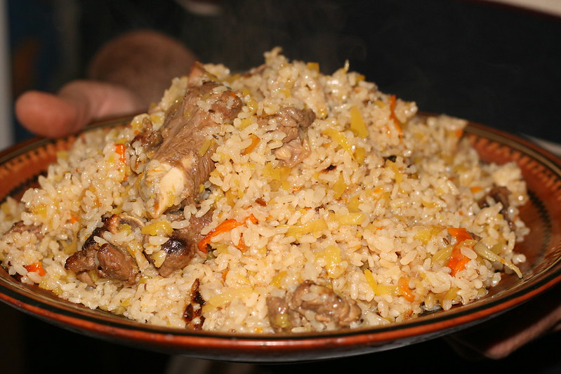 Pilaf (Plov) a rice, vegetable and lamb dish, a traditional Uzbeki food