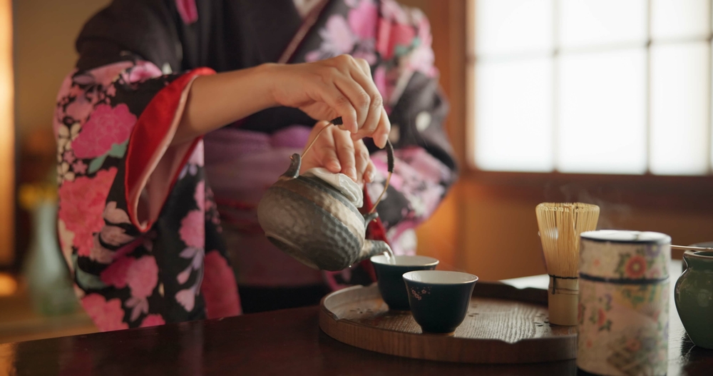 Japanese, hands and matcha for tea ceremony in Chashitsu room
