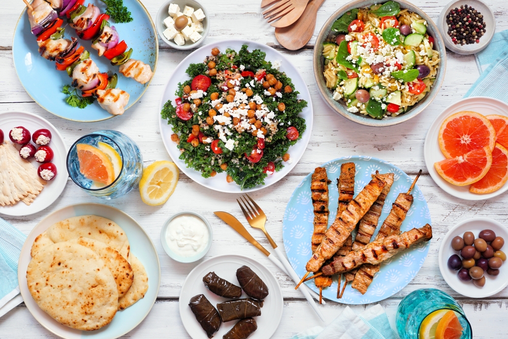 Overhead Summer Mediterranean theme food table scene