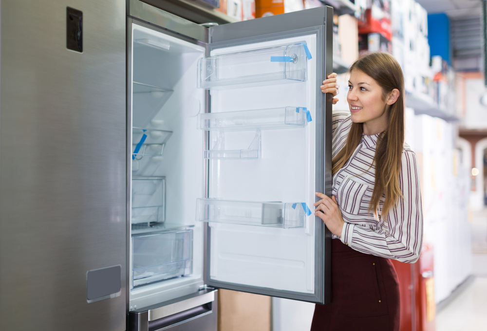 Young female housewife buying large refrigerator in domestic appliances section