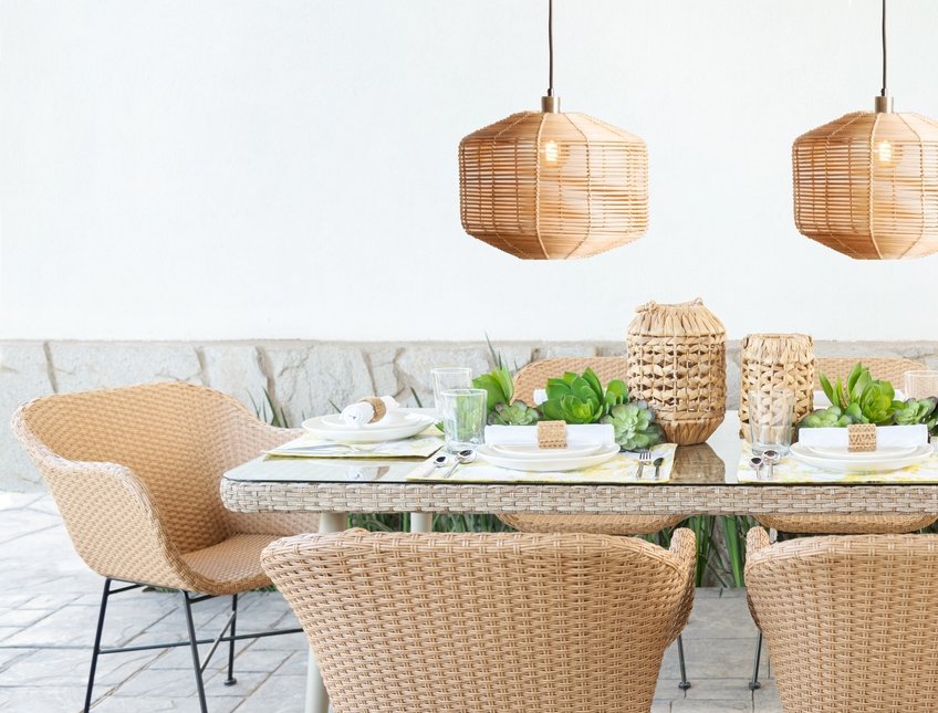 Al Fresco Dining Elegance, Woven Rattan Chairs and Matching Table Set
