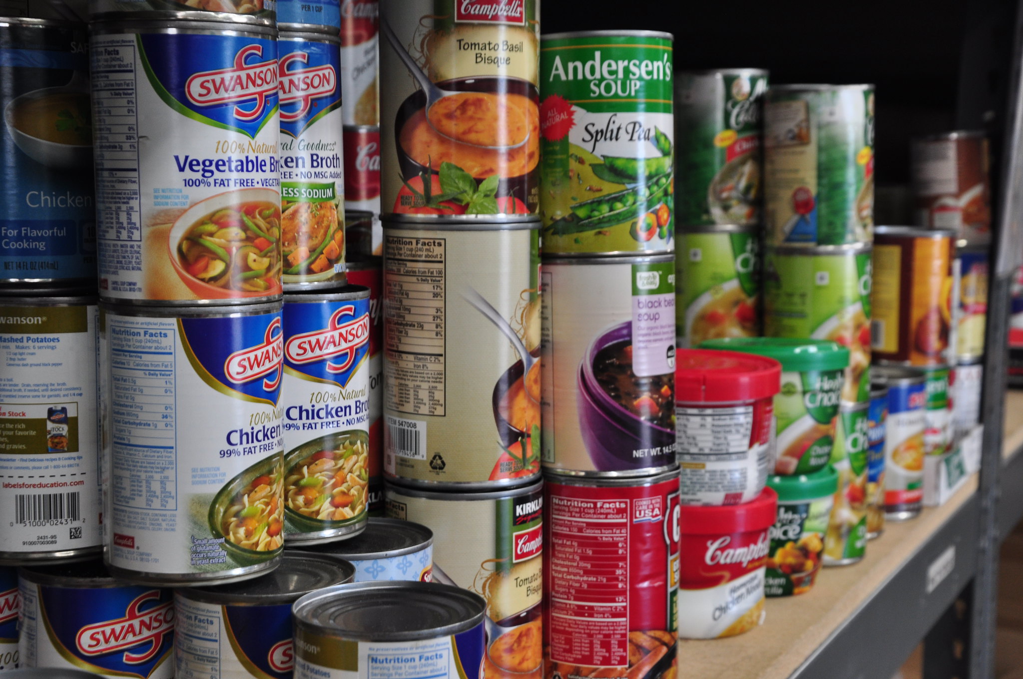 Collection of canned food items in the pantry