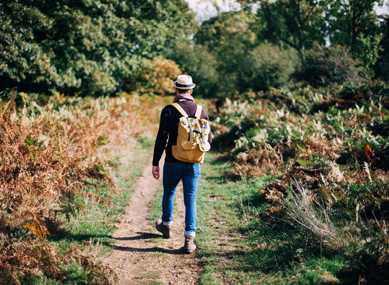 Photo of Man wearing a brown shirt blue jeans and yellow backpack Walking on Road Surrounded by Trees