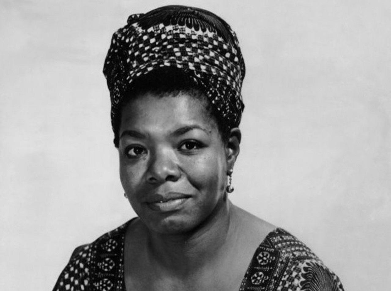 B&W image of Maya Angelou looking at camera.