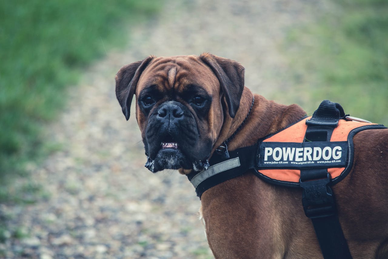 Brown Boxer Dog With Orange Black Vest