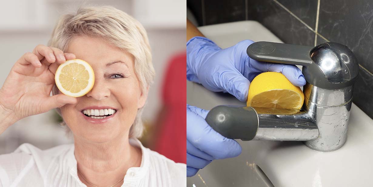 woman with lemon and cleaning faucet split image