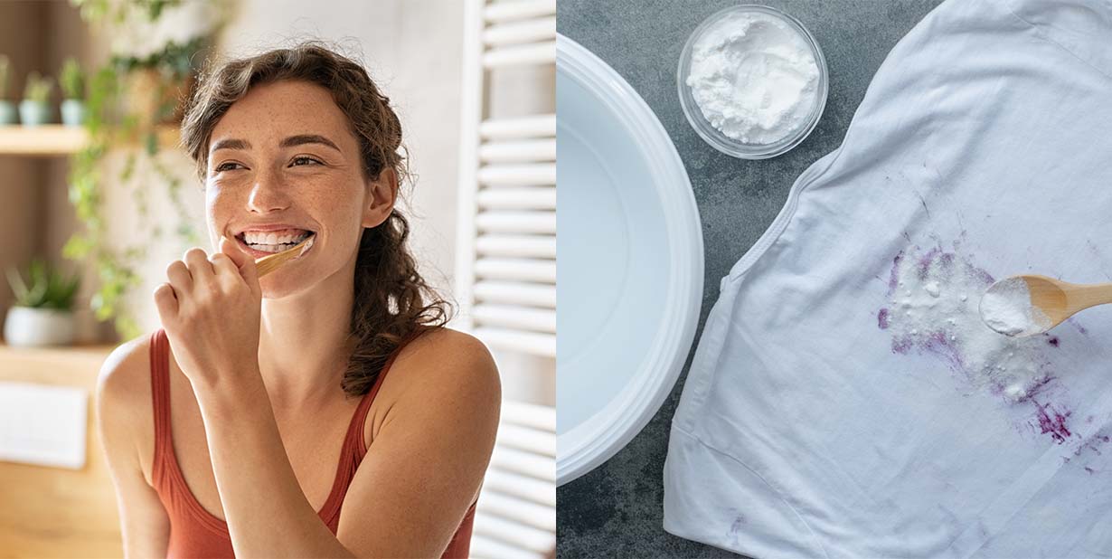woman brushing teeth and removing stain split image