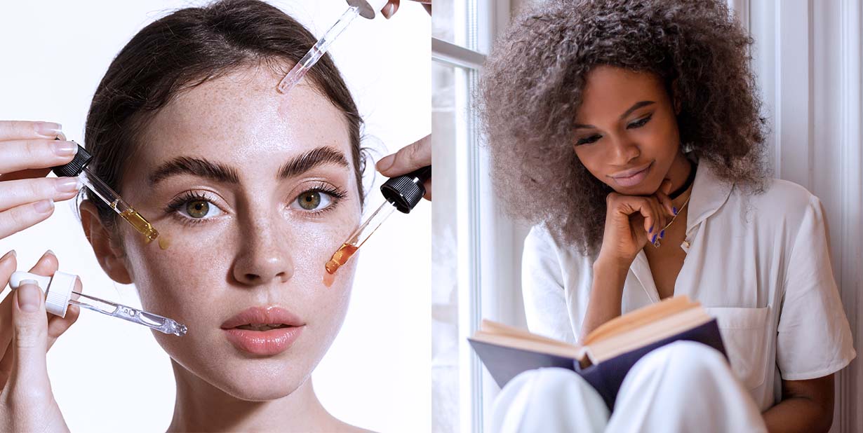 skincare and woman reading split image