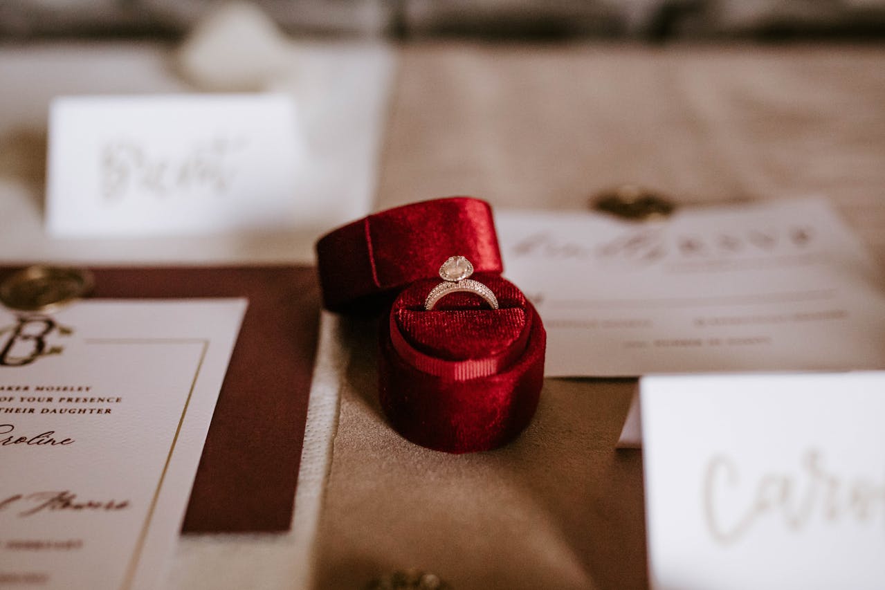 Red box with golden ring placed on table