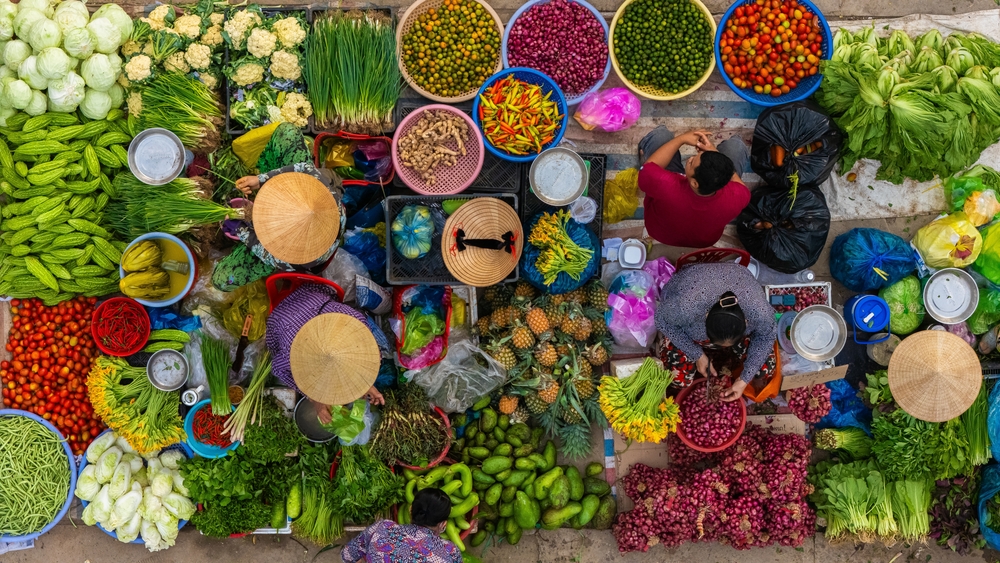Aerial view of busy local daily life of the morning local market