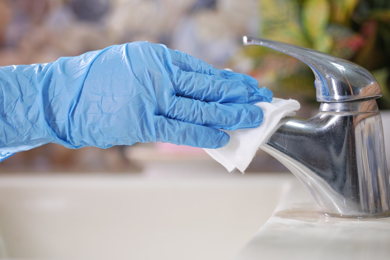 Close Up Photo of A Person Wiping a Stainless Faucet