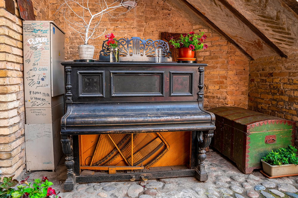 Abandoned gran piano covered with grass