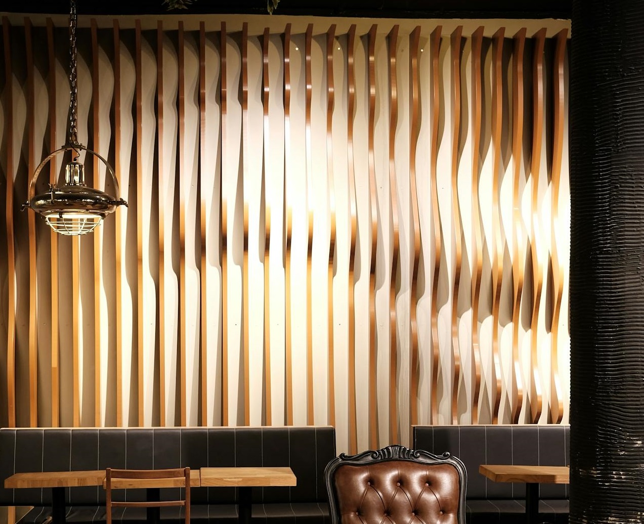 The interior of a restaurant with wooden walls