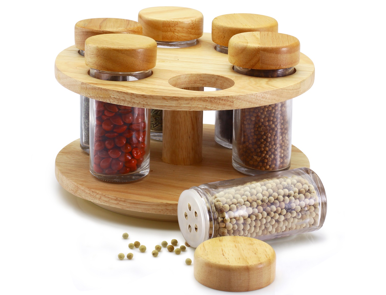 Wooden rotating spice rack 6 jar